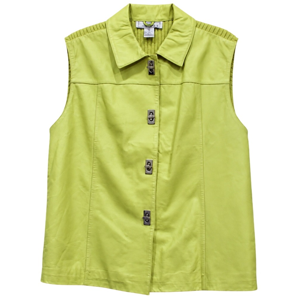 VTG Lisa International Lambskin Leather Ribbed Knit Vest Women XL Chartreuse